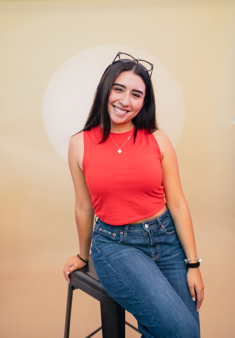 Smiling woman in red